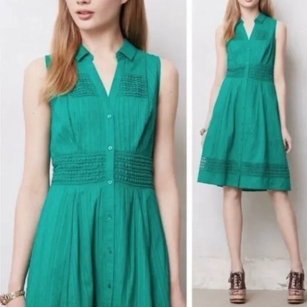 Anthropologie Maeve Womens Size 4 Green Eyelet Button Up Dress Sleeveless